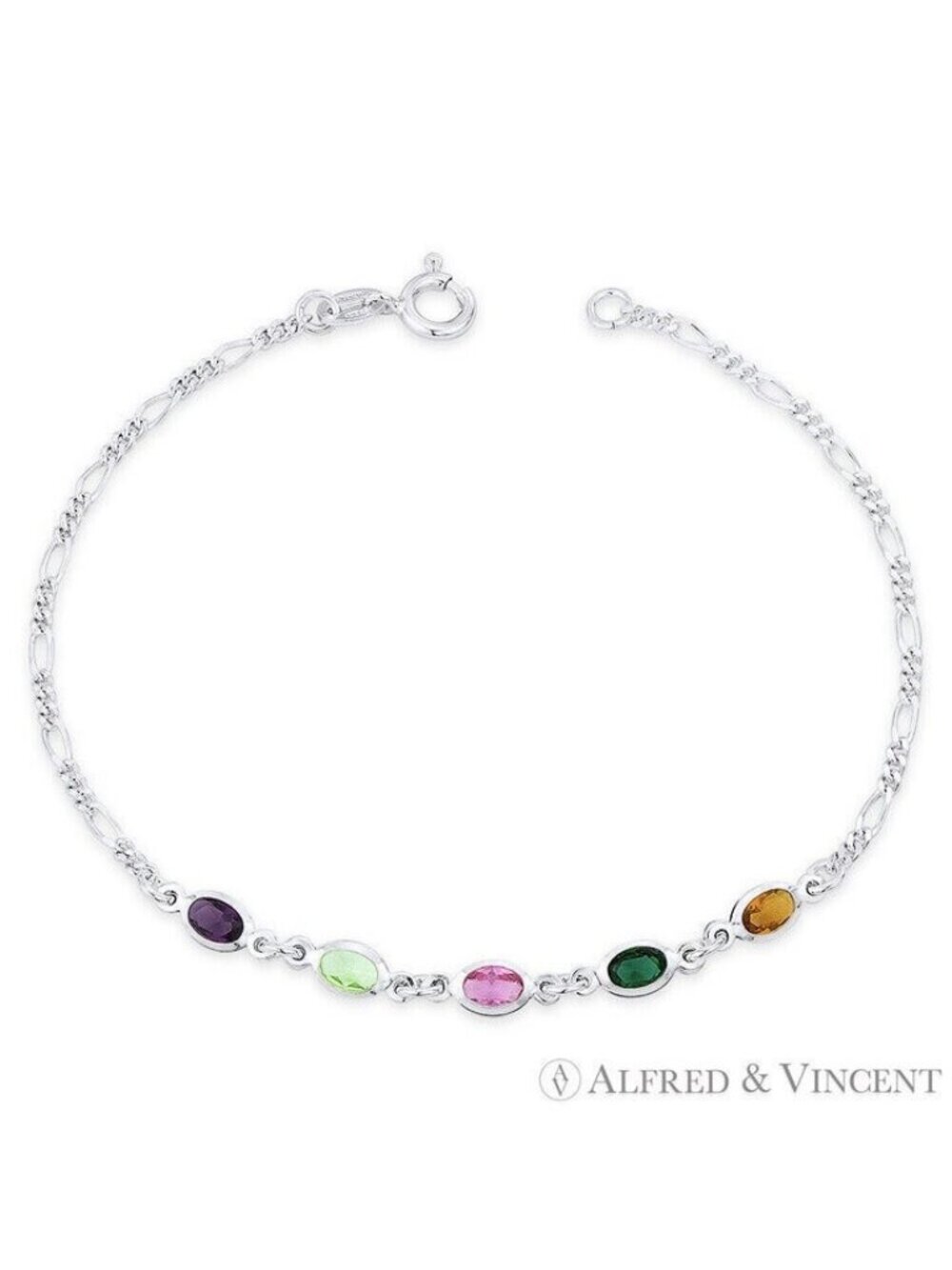 Purple Blue Pink Green Yellow CZ Crystal Figaro Anklet 925 Sterling Silver - 9"
